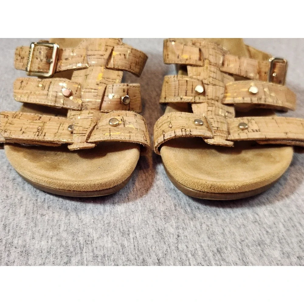 Vionic Wedge Sandals Womens 5 Tan Cork Metallic Gold Studded Strappy Slide